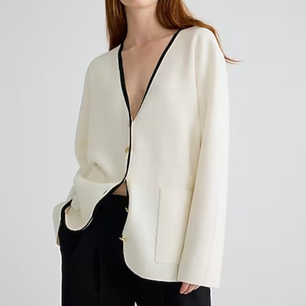 J.Crew Giselle V-Neck Sweater Blazer w/ Contrast Trim in Ivory Black Size XS NWT